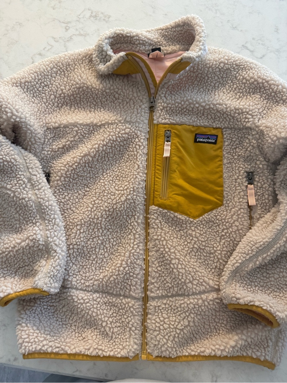 Patagonia Kids Cream Sherpa Fleece Jacket with Mustard Chest Pocket